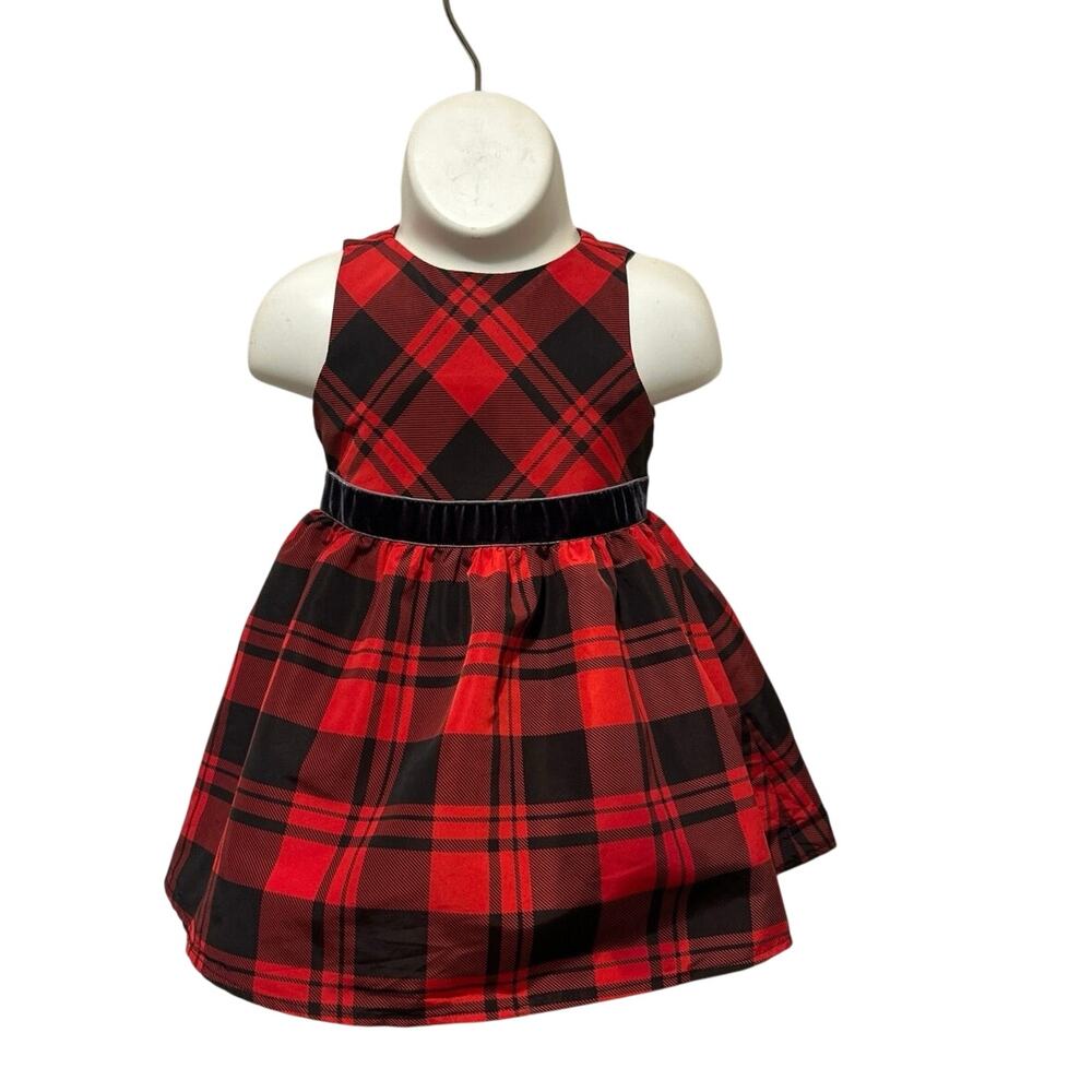 Infant Holiday red/black plaid tank dress, Blk velvet band Cat & Jack 18 months